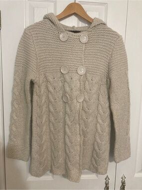 BCBGMaxAzria Cream Cable-Knit Hooded Double-Breasted Sweater